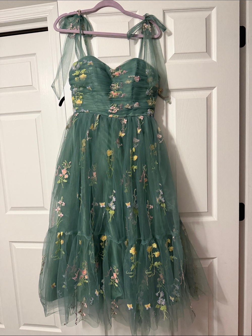 Womens/Girls Green Floral Tulle Party Dress with Tie Straps